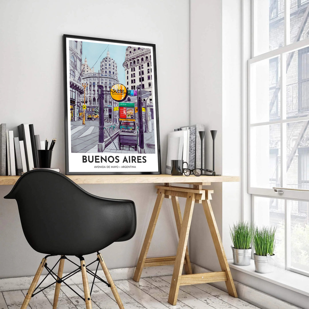 Urban transit illustration depicting the iconic yellow Subte sign and wrought-iron entrance stairs on Avenida de Mayo, Argentina. Created by MapYourDreams, this artwork is adaptable for any interior in unframed prints, solid wooden frames, or gallery canvas wraps.