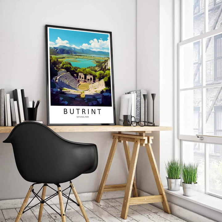 Detailed travel art print of Butrint National Park Albania showing ancient stone seating and lake views, rendered on clean archival paper for travel lovers. Offered by MapYourDreams, this artwork is available in flexible options including unframed paper, custom wooden frames, and gallery canvas wraps.