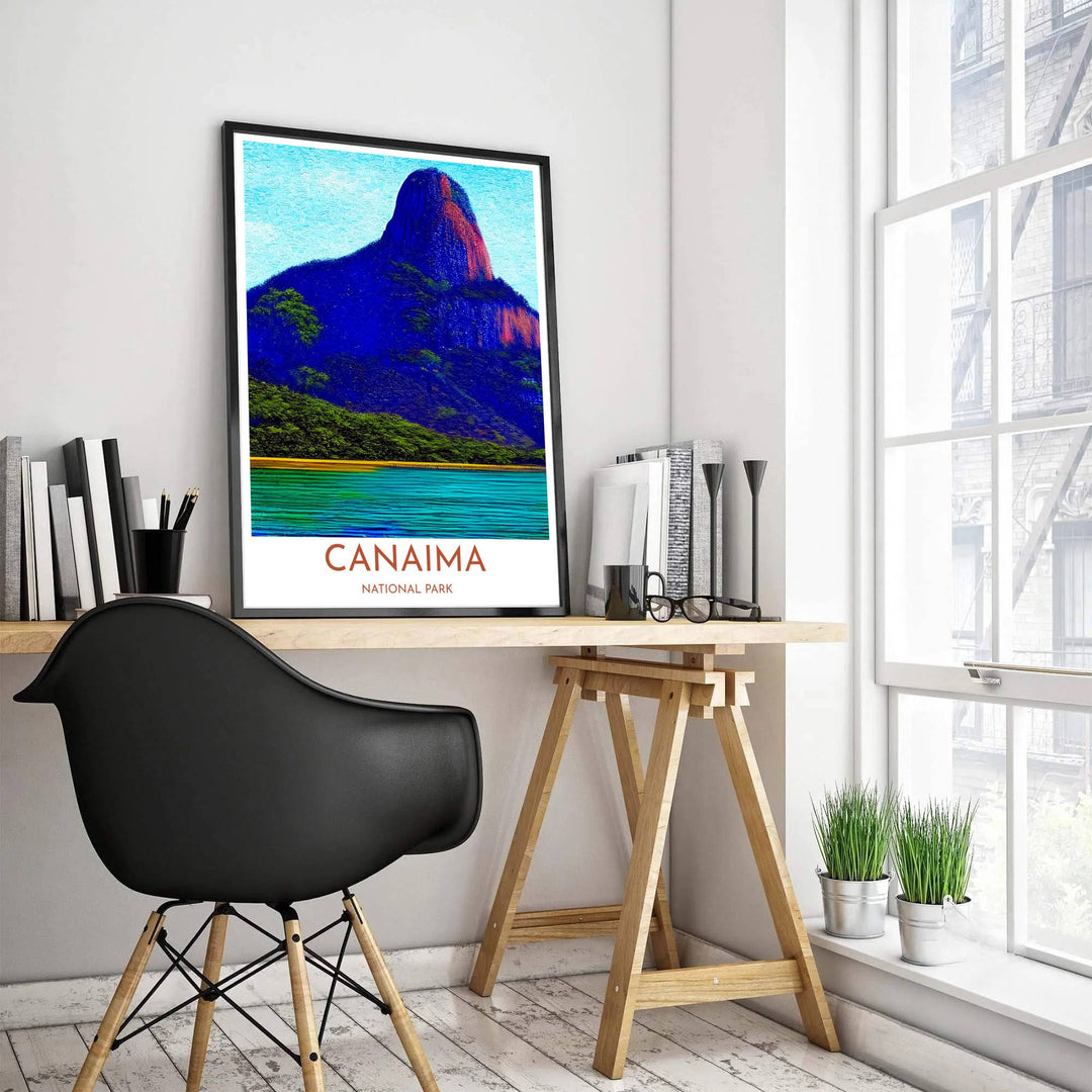 Post-impressionist South American mountain poster depicting saturated blue peaks and emerald foliage in Canaima, Venezuela. Created by MapYourDreams, this artwork is adaptable for any interior in unframed prints, solid wooden frames, or gallery canvas wraps.