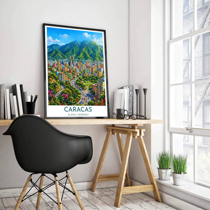 Saturated urban nature poster depicting Mount El Ávila towering over the vibrant metropolis of Caracas, Venezuela. Created by MapYourDreams, this artwork is adaptable for any interior in unframed prints, solid wooden frames, or gallery canvas wraps.