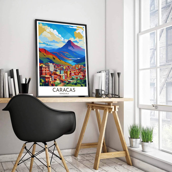Graphic South American mountain cityscape poster depicting saturated red, purple, and yellow architectural blocks in Venezuela. Created by MapYourDreams, this artwork is adaptable for any interior in unframed prints, solid wooden frames, or gallery canvas wraps.