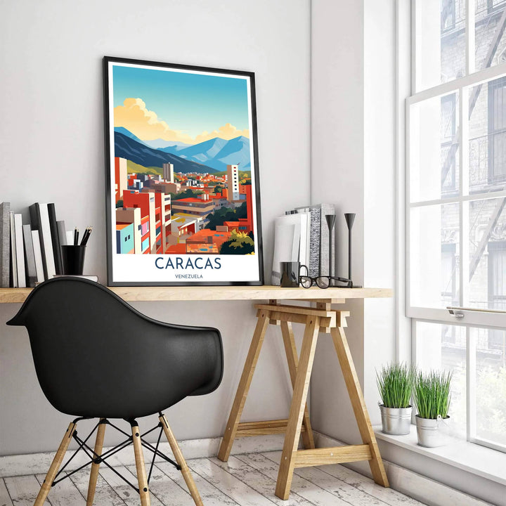 High-contrast terracotta, coral, and blue wall art showing city high-rises and Mount El Ávila in Caracas, Venezuela. Curated by MapYourDreams, this wall piece offers customizable choices such as archival paper prints, real wood frames, or canvas wraps.