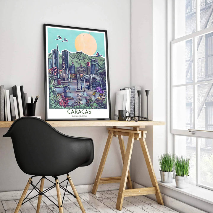 Colorful comic-style cityscape print illustrating the twin towers and historic plazas of Caracas, Venezuela, in pastel tones. Produced by MapYourDreams, you can order this design on fine art paper, mounted in protective frames, or as a canvas display.