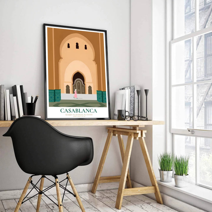 Architectural vector poster depicting Casablanca Hassan II Mosque archway and scalloped doorway details under a warm ochre sky. Produced by MapYourDreams, this artwork is available in flexible options including unframed paper, custom wooden frames, and gallery canvas wraps for office wall decor.