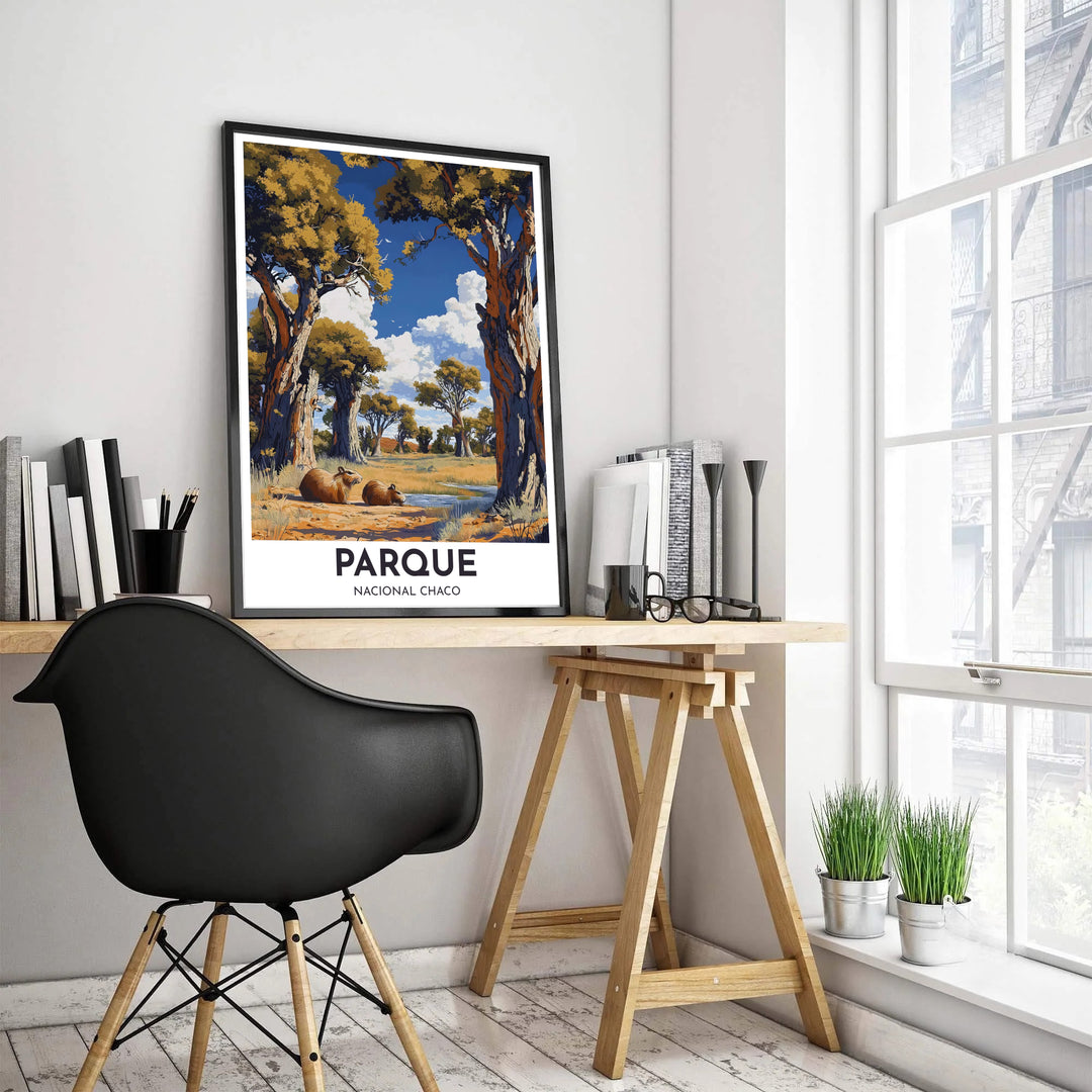 South American savanna landscape illustration depicting capybaras lounging at Chaco National Park in Argentina. Created by MapYourDreams, this artwork is adaptable for any interior in unframed prints, solid wooden frames, or gallery canvas wraps.