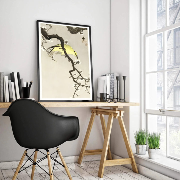 Yellow Chinese Oriole on plum branch print inspired by historic Tokyo Shinobazu Pond exhibitions for living room wall decor. Select custom framed, unframed poster, or gallery canvas choices at MapYourDreams.