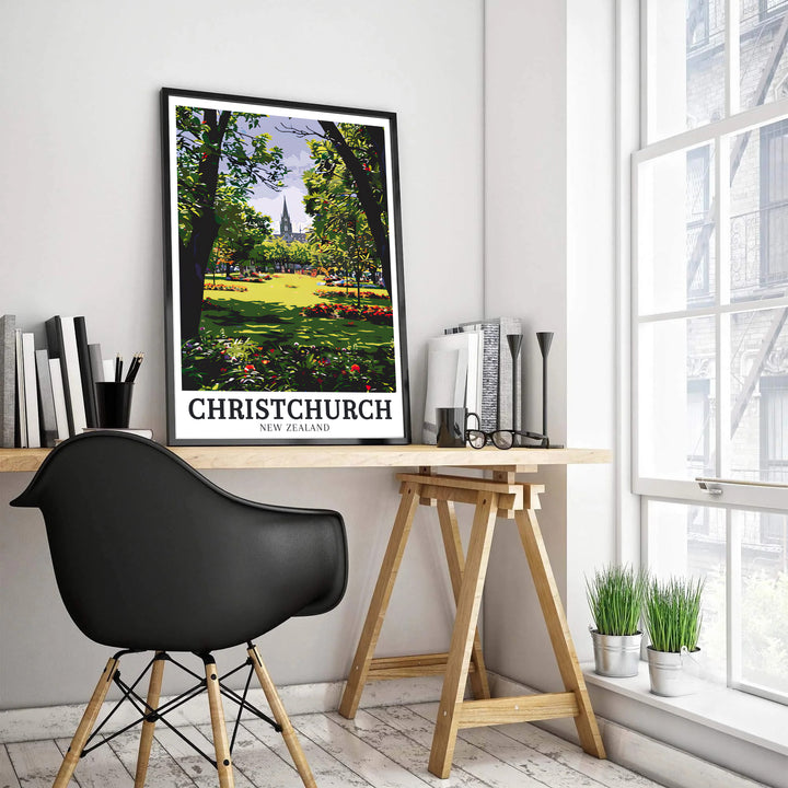 Detailed mid-century style travel illustration of Christchurch Botanic Gardens and Christchurch Cathedral decorates this print. Order fine art framed, unframed, and canvas poster options at MapYourDreams.