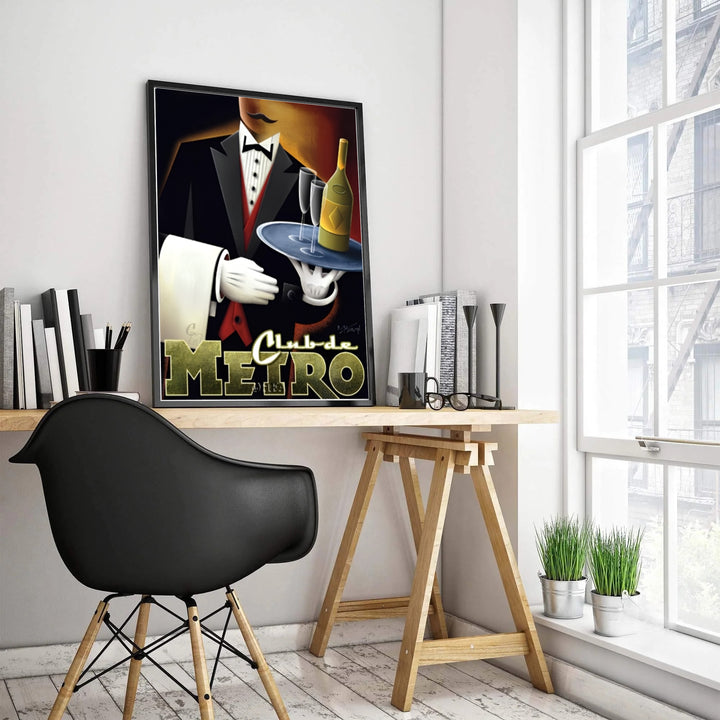 Art Deco cocktail poster of Club de Metro capturing dramatic lighting, deep black background, and a formal tuxedo waiter serving champagne, presented by MapYourDreams where options include a high-quality unframed poster, a stretched gallery canvas, or a custom framed art piece for kitchens.