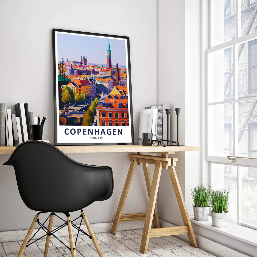 Copenhagen City Hall spire and skyline print surrounded by European street charm. Offered by MapYourDreams, this artwork is available in flexible options including unframed paper, custom wooden frames, and gallery canvas wraps for home or office.