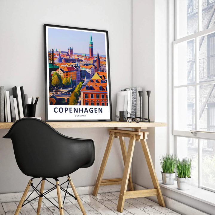 Copenhagen City Hall spire and skyline print surrounded by European street charm. Offered by MapYourDreams, this artwork is available in flexible options including unframed paper, custom wooden frames, and gallery canvas wraps for home or office.