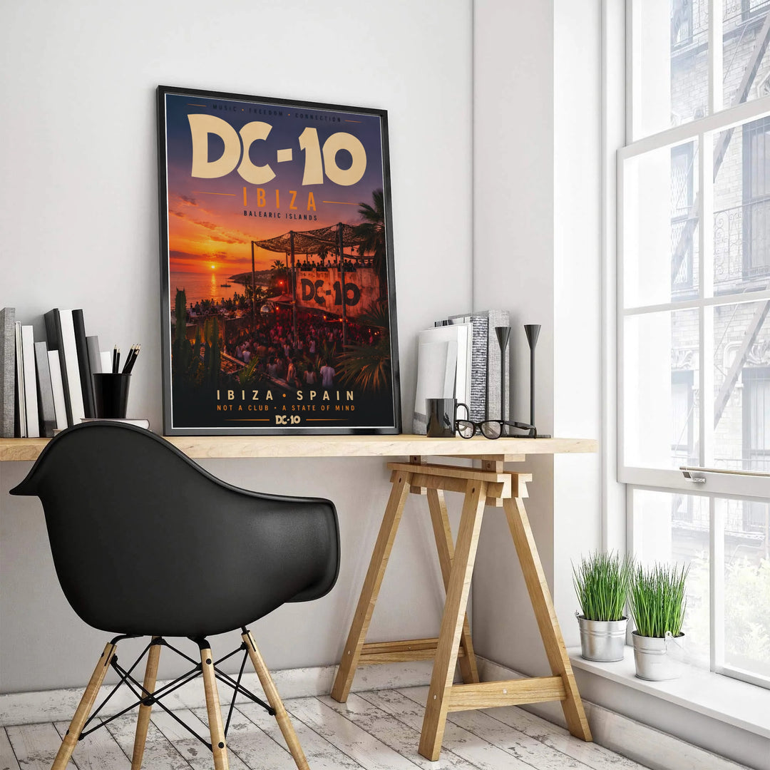 Underground house music venue poster highlighting sunset colors and palm tree silhouettes at DC-10 in Ibiza, Spain, produced by MapYourDreams with available choices including unframed fine art paper, stretched gallery canvas, or custom frames in gold, bronze, and silver.