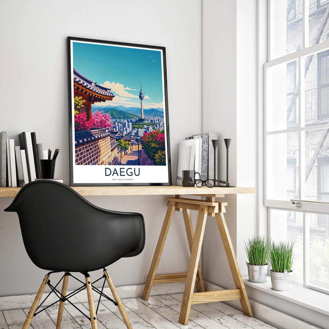 Minimalist vector illustration of Daegu, South Korea, highlighting traditional Korean wooden eaves and stone brickwork paired with the modern spire of 83 Tower. Offered by MapYourDreams, this artwork is available in flexible options including unframed paper, custom wooden frames, and gallery canvas wraps.