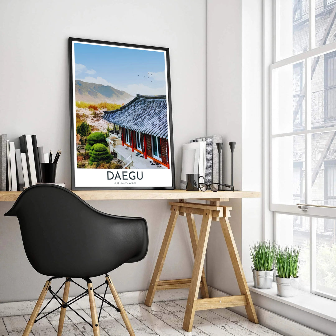 Minimalist landscape art print capturing the traditional courtyard terrace of Donghwasa Temple in Daegu, South Korea, set against rolling mountain ridges and spring flora. Offered by MapYourDreams, this artwork is available in flexible options including unframed paper, custom wooden frames, and gallery canvas wraps.