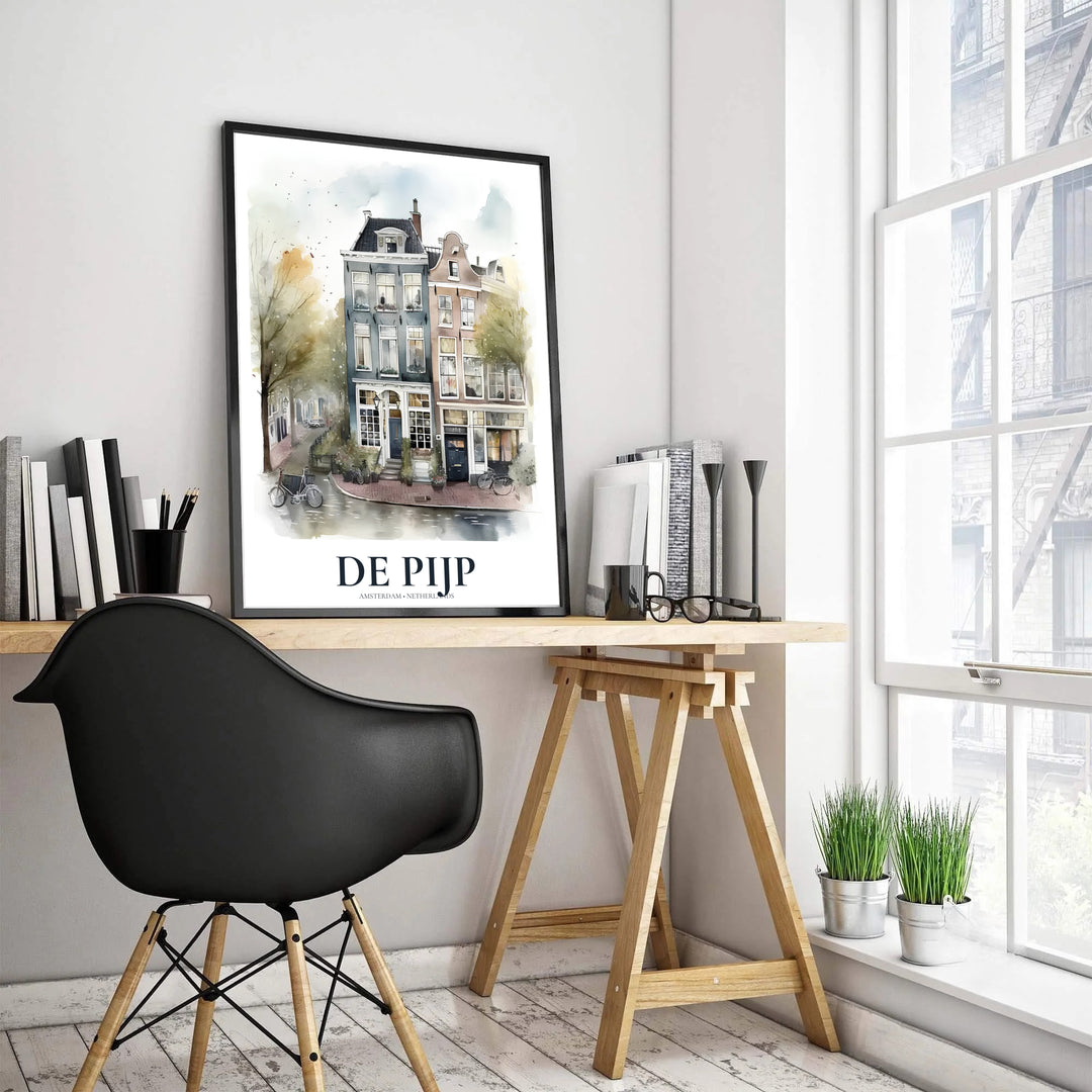 Detailed architectural watercolor print showing street-level store facades and gabled roofs in De Pijp Amsterdam, provided by MapYourDreams with choices spanning unframed art prints, stretched canvas decor, and custom frame choices in black, white, and natural wood finishes.