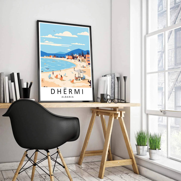 Detailed travel art print of Dhërmi Beach Albania showing sandy shores and coastal cypress trees, rendered on clean archival paper for beach lovers. Offered by MapYourDreams, this artwork is available in flexible options including unframed paper, custom wooden frames, and gallery canvas wraps.