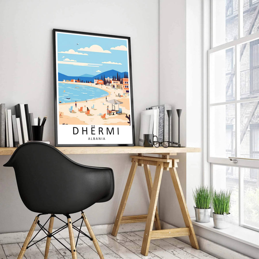 Detailed travel art print of Dhërmi Beach Albania showing sandy shores and coastal cypress trees, rendered on clean archival paper for beach lovers. Offered by MapYourDreams, this artwork is available in flexible options including unframed paper, custom wooden frames, and gallery canvas wraps.