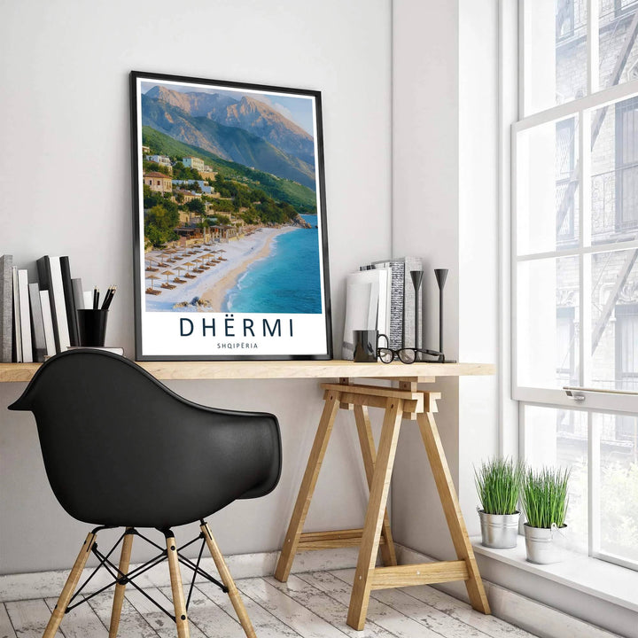 Rows of beach parasols line the white pebbles of Dhërmi Cove in southern Albania, framed by dark navy typography reading Dhërmi Shqipëria along the bottom border. MapYourDreams presents this print in options ranging from unframed paper to handcrafted frames and gallery canvas.