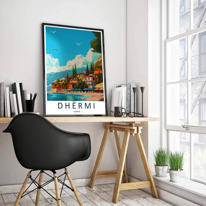 Soft fluffy clouds drift over the cliffside village of Dhërmi in southern Albania, framed by clean cartographic typography reading Dhërmi Albania. Offered by MapYourDreams, this artwork is available in flexible options including unframed paper, custom wooden frames, and gallery canvas wraps.