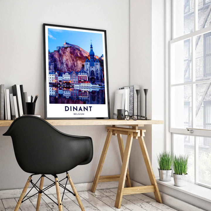 High-resolution photograph of the Meuse River reflection and Collegiate Church spire in Dinant, Belgium. Customers can choose from several presentation options including unframed fine art paper, custom wood and metal frames, and gallery wrapped canvas wall decor.