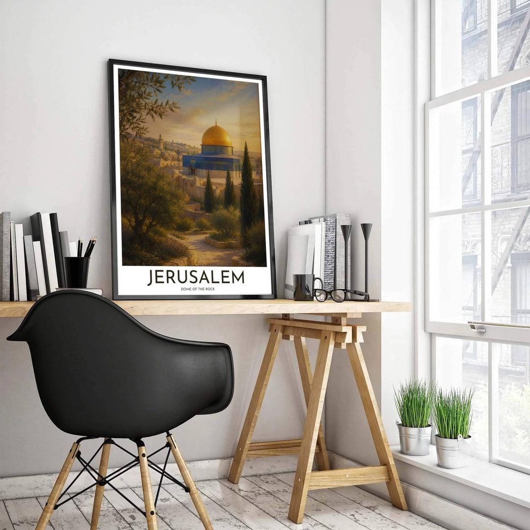 Fine art landscape poster depicting Jerusalem Dome of the Rock with golden dome highlights, blue tilework, and old city ramparts. Produced by MapYourDreams, this artwork is available in flexible options including unframed paper, custom wooden frames, and gallery canvas wraps for office wall decor.