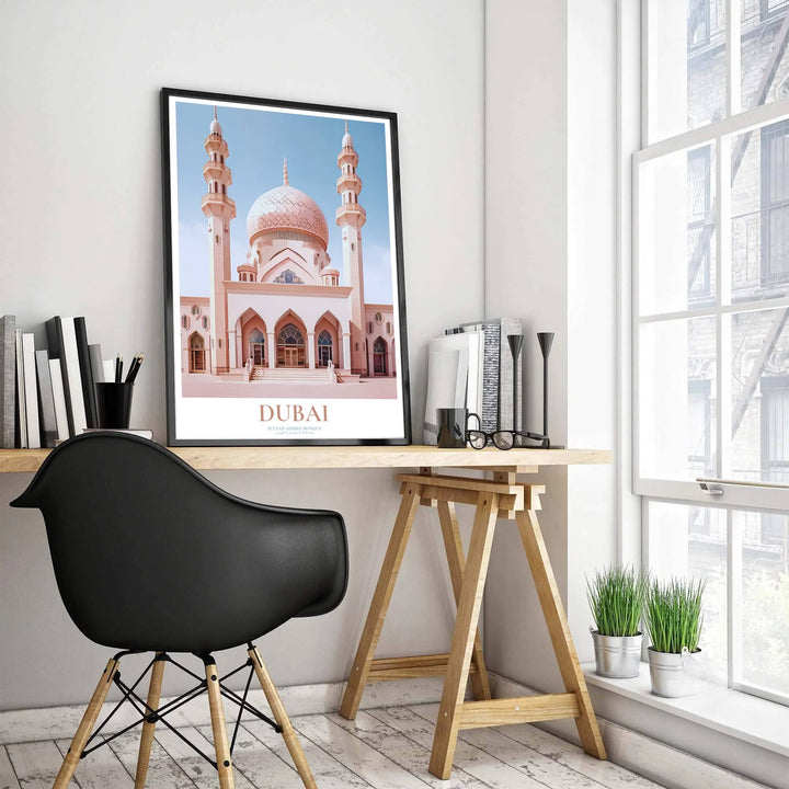 Vector travel poster depicting Dubai Jumeirah Mosque twin minarets and pointed arch portico portals in soft pink. Produced by MapYourDreams, this artwork is available in flexible options including unframed paper, custom wooden frames, and gallery canvas wraps for office wall decor.
