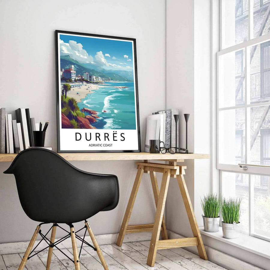 Showcasing the sweeping bay of Durrës along the Adriatic Coast, this retro-inspired travel art print brings bright beach energy home. Offered by MapYourDreams in custom variations including unframed paper, pre-assembled wooden frames, and gallery-wrapped canvas.