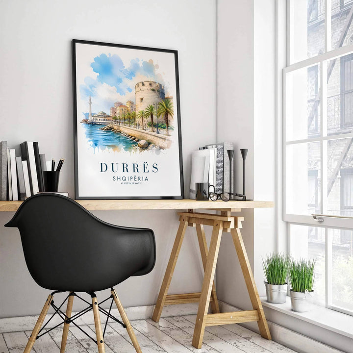Soft turquoise water bleeds frame the historic waterfront of Durrës Albania, accented by clean typography reading Durrës Shqipëria below. MapYourDreams offers this piece printed on archival stock with options for custom frames or canvas wraps.