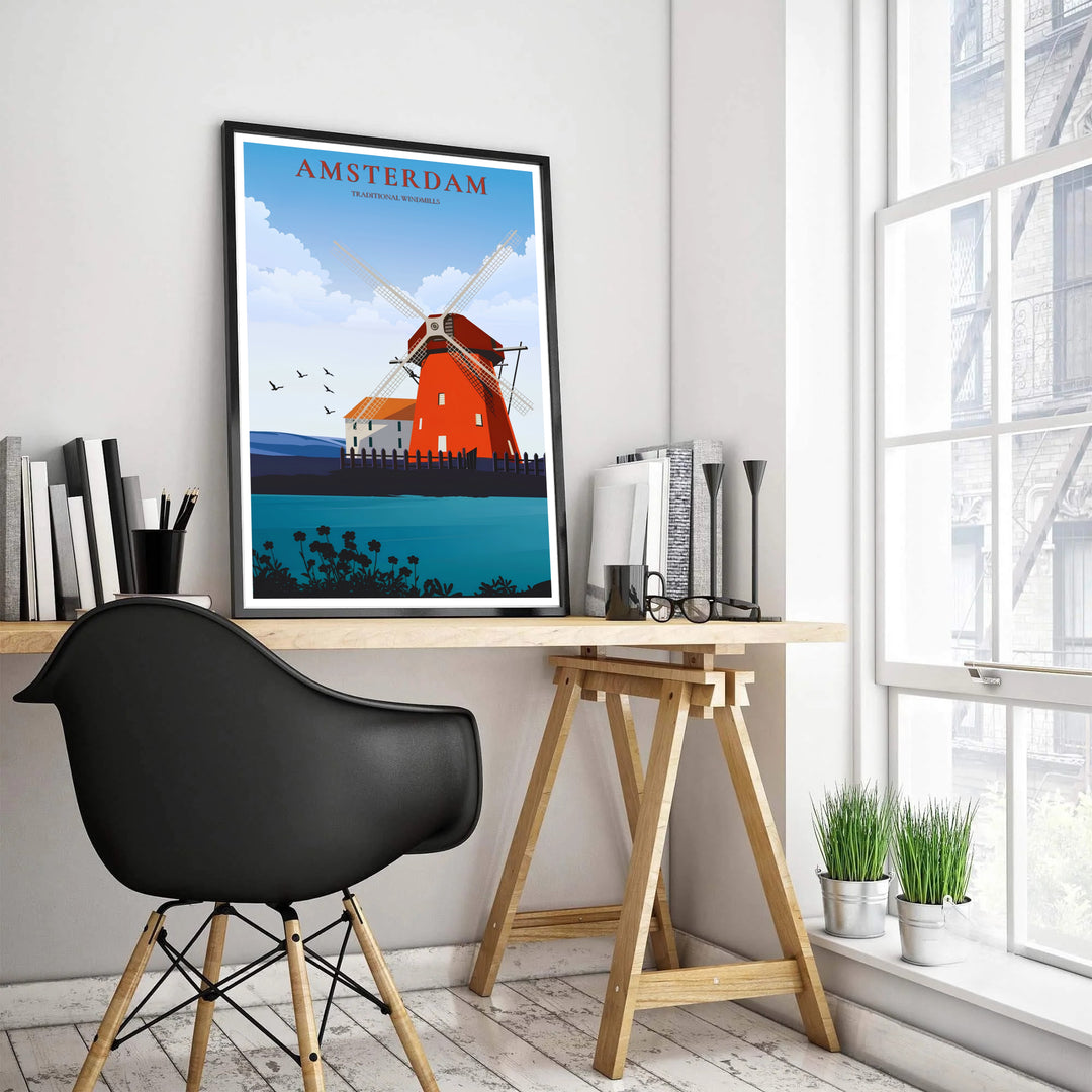 Detailed vector landscape art print showing a traditional red windmill under a sunny blue sky in Amsterdam Netherlands, provided by MapYourDreams with choices spanning unframed art prints, stretched canvas decor, and custom frame choices in black, white, and natural wood finishes.