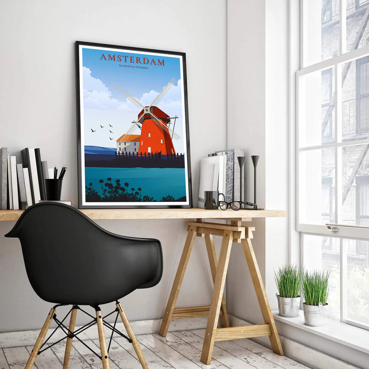 Detailed vector landscape art print showing a traditional red windmill under a sunny blue sky in Amsterdam Netherlands, provided by MapYourDreams with choices spanning unframed art prints, stretched canvas decor, and custom frame choices in black, white, and natural wood finishes.