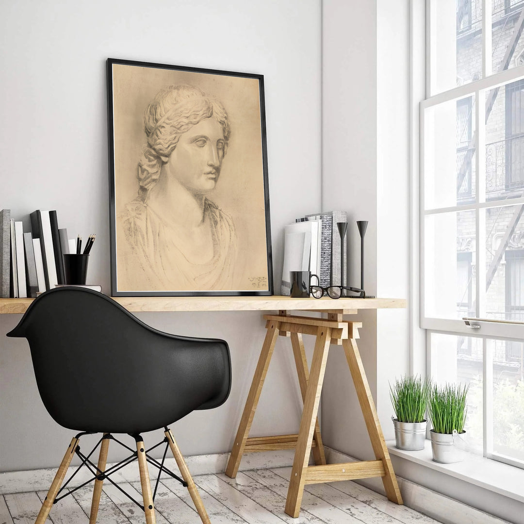 Archival fine art sketch print of Egon Schiele Antique Bust 1906 displayed at Leopold Museum Vienna with realistic classical drapery details. MapYourDreams features quality framed wall decor, unframed poster prints, and stretched canvas options designed for neutral and Japandi interior layouts.