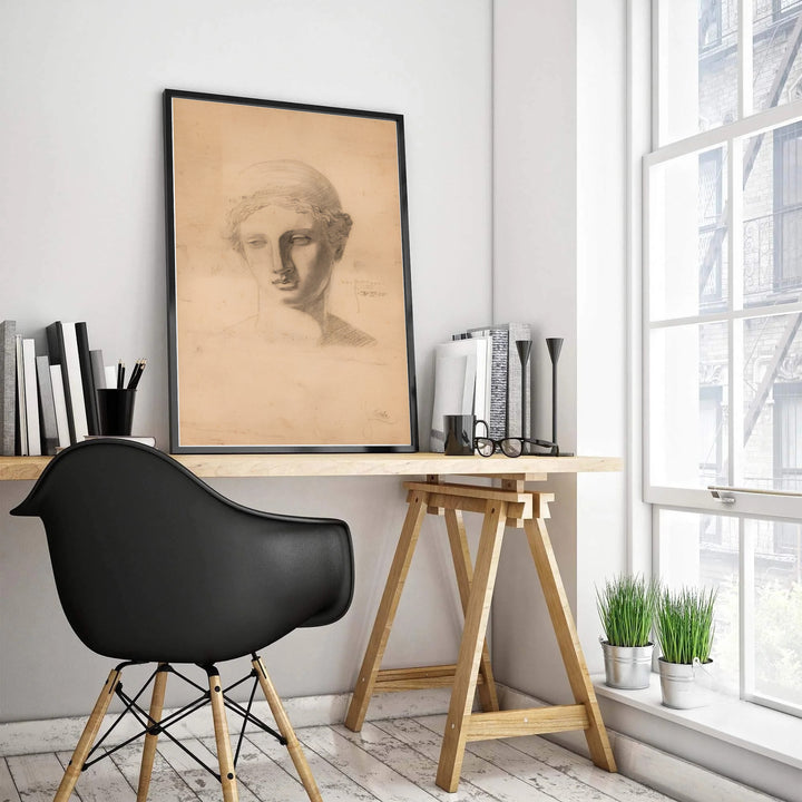 Archival fine art sketch print of Egon Schiele Antique Head Study 1905 displayed at Leopold Museum Vienna with realistic classical facial details. MapYourDreams features quality framed wall decor, unframed poster prints, and stretched canvas options designed for neutral and Japandi interior layouts.