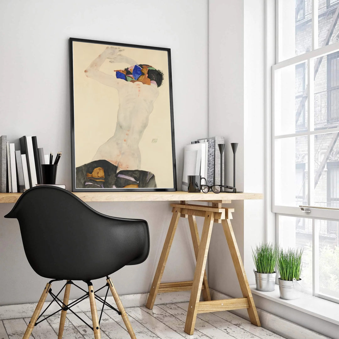 Vintage museum figure poster of Egon Schiele Nude With Colorful Cloth 1911 at Leopold Museum Vienna rendered with authentic parchment background paper. Select custom framed wall art, unframed paper poster prints, or gallery canvas formats at MapYourDreams for a refined office wall decoration focus.