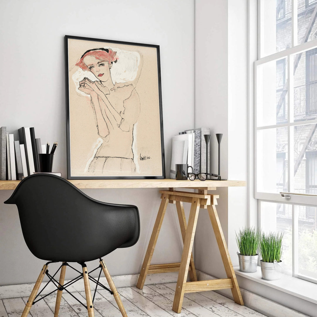 Luminous female portrait wall poster of Egon Schiele Portrait Of A Woman 1910 from Wiener Werkstätte in Vienna Austria highlighting soft chalky highlights. MapYourDreams supplies custom framed paper prints, unframed wall posters, and gallery stretched canvas art for living rooms and bedrooms.