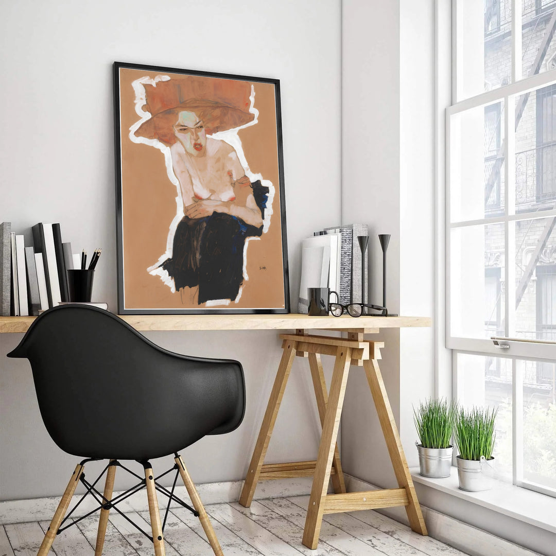 Luminous red hat figure wall poster of Egon Schiele Seated Woman With Hat 1910 from Vienna Austria highlighting dense carbon black drapery. MapYourDreams supplies custom framed paper prints, unframed wall posters, and gallery stretched canvas art for living rooms, hallways, and bedrooms.
