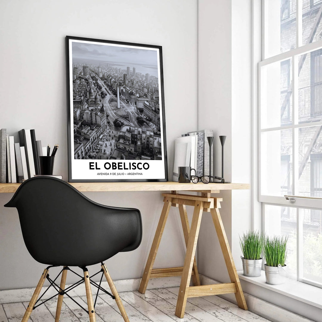 Black and white urban landscape poster showing the expansive grand avenue and rooftop views of Buenos Aires, Argentina. Created by MapYourDreams, this artwork is adaptable for any interior in unframed prints, solid wooden frames, or gallery canvas wraps.
