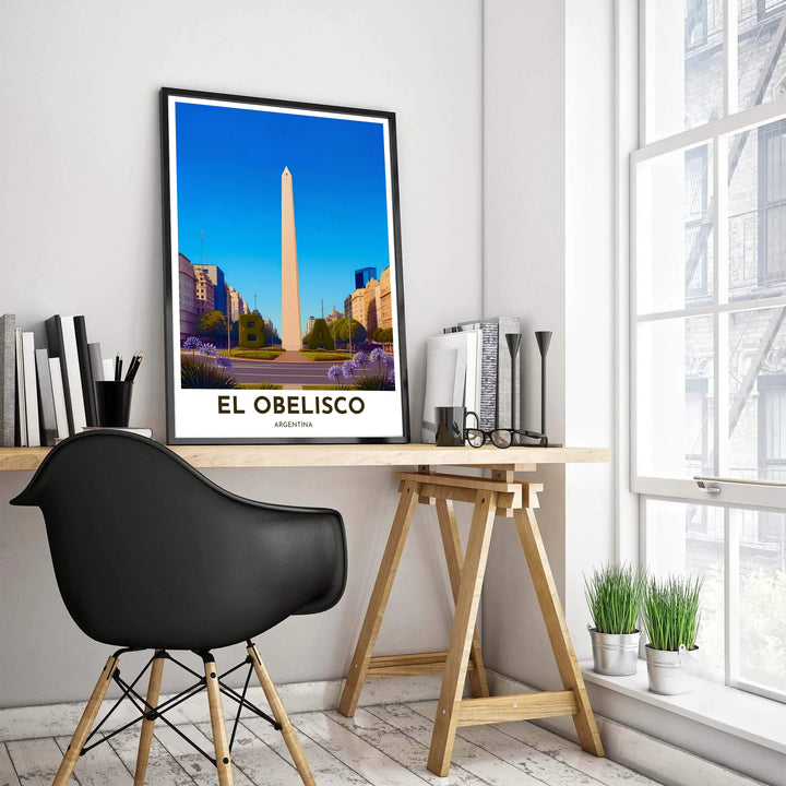Sunlit travel poster of Plaza de la Republica in Buenos Aires featuring the soaring white obelisk under a clear azure sky. Presented by MapYourDreams, this piece comes in flexible choices such as unframed paper stock, custom frames, and gallery canvas wraps.
