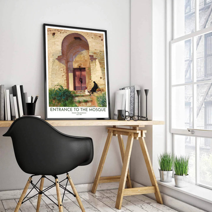 Architectural oil painting poster depicting Panos Terlemezian Entrance to the Mosque with seated figures resting under arched portal shadows. Produced by MapYourDreams, this artwork is available in flexible options including unframed paper, custom wooden frames, and gallery canvas wraps for office wall decor.