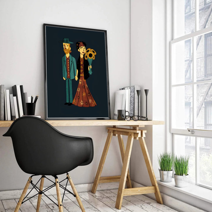 Cute art history lover print of Frida Kahlo And Van Gogh Couple 1939 illustrating a floral bouquet in Coyoacán, Mexico City. Discover custom framed prints, unframed poster options, and stretched canvas decor at MapYourDreams to create an engaging, creative gallery wall display.