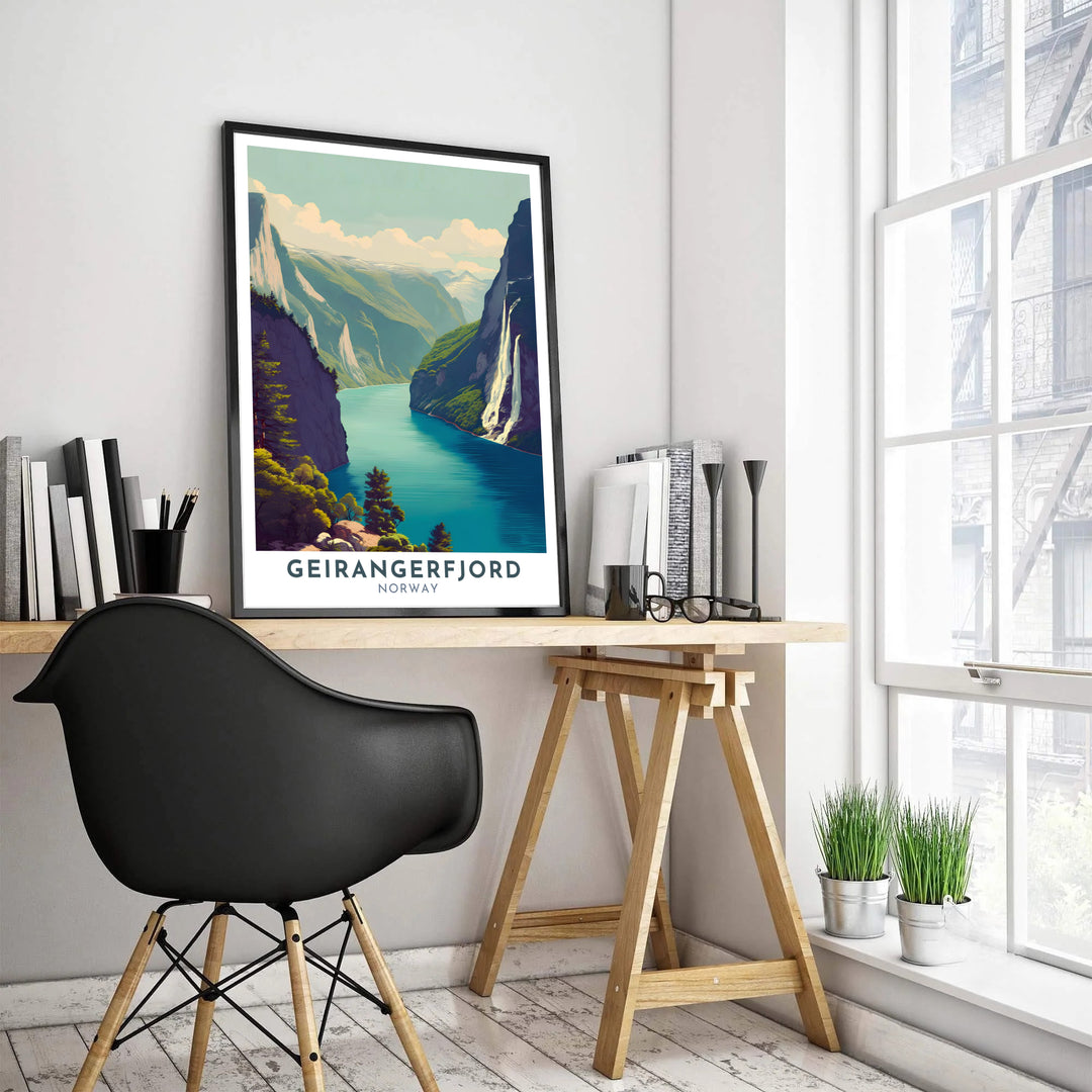Rich emerald cliffs and dramatic waterfalls surrounding the famous Geirangerfjord in Norway presented with classic travel poster typography. This nature landscape print provides flexible presentation options such as natural wood framed displays, unframed paper prints, and gallery stretched canvas artwork.