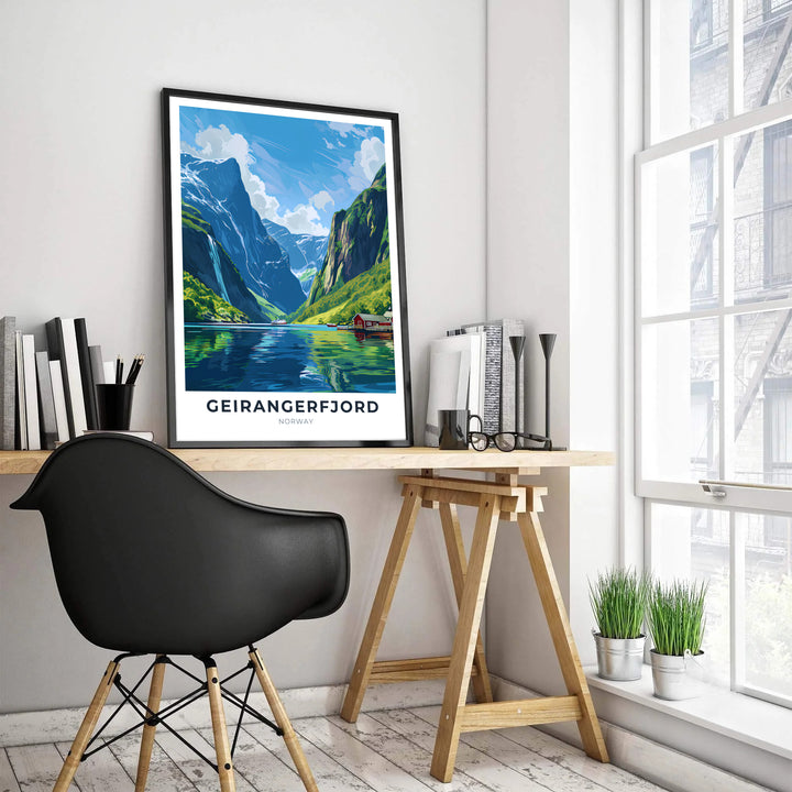 Bright vector landscape illustration of Geirangerfjord Norway showing red shorefront cabins, a cruising ship, and lush mountain slopes. Enhance your living area layout with this versatile travel decor piece, available in custom wood framed styles, gallery quality stretched canvas panels, and unframed poster paper options.