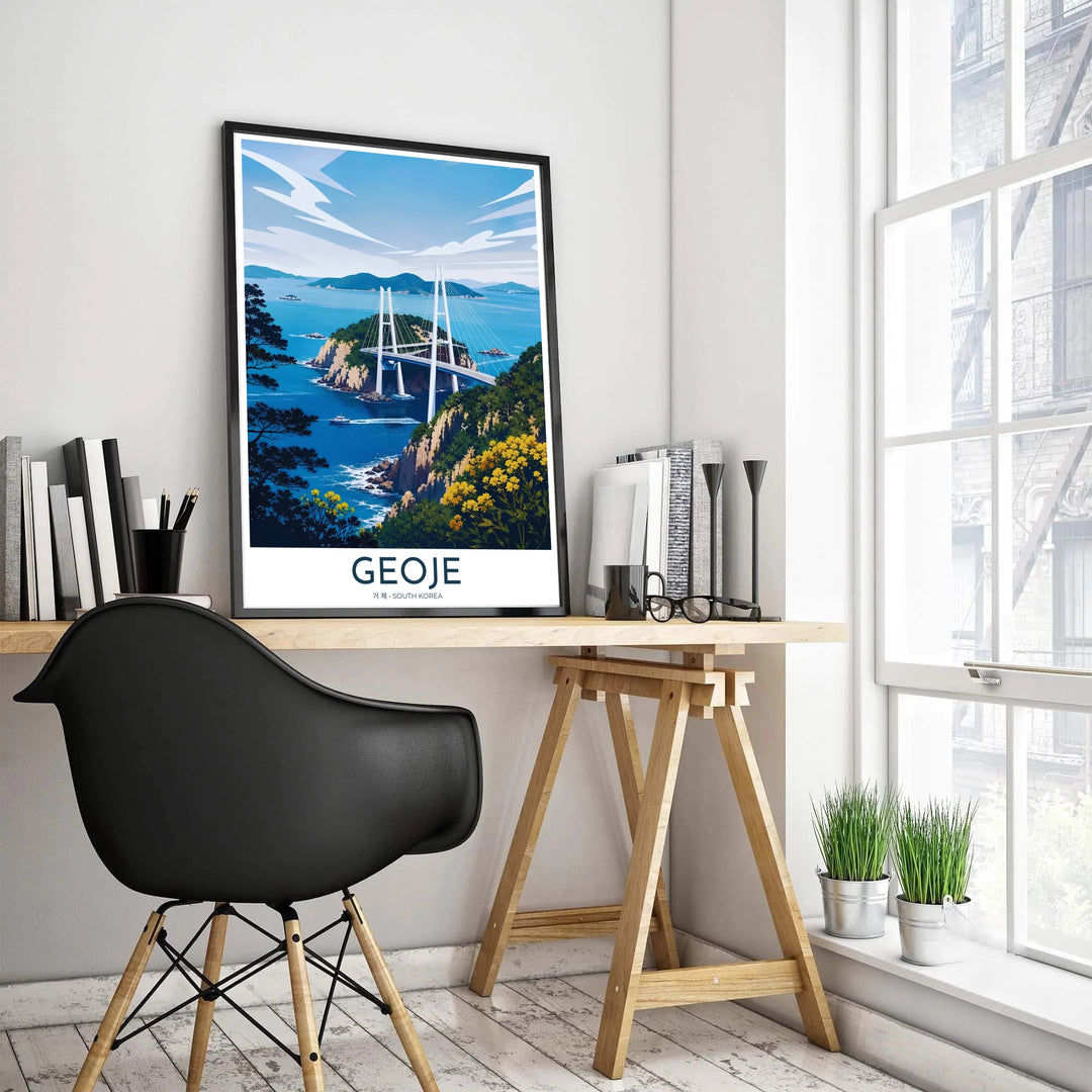 Minimalist vector illustration of Geoje, South Korea, highlighting the sleek white geometry of Geoga Bridge traversing rocky ocean islands under a clear blue sky. Offered by MapYourDreams, this artwork is available in flexible options including unframed paper, custom wooden frames, and gallery canvas wraps.