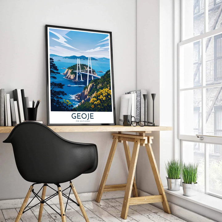 Minimalist vector illustration of Geoje, South Korea, highlighting the sleek white geometry of Geoga Bridge traversing rocky ocean islands under a clear blue sky. Offered by MapYourDreams, this artwork is available in flexible options including unframed paper, custom wooden frames, and gallery canvas wraps.