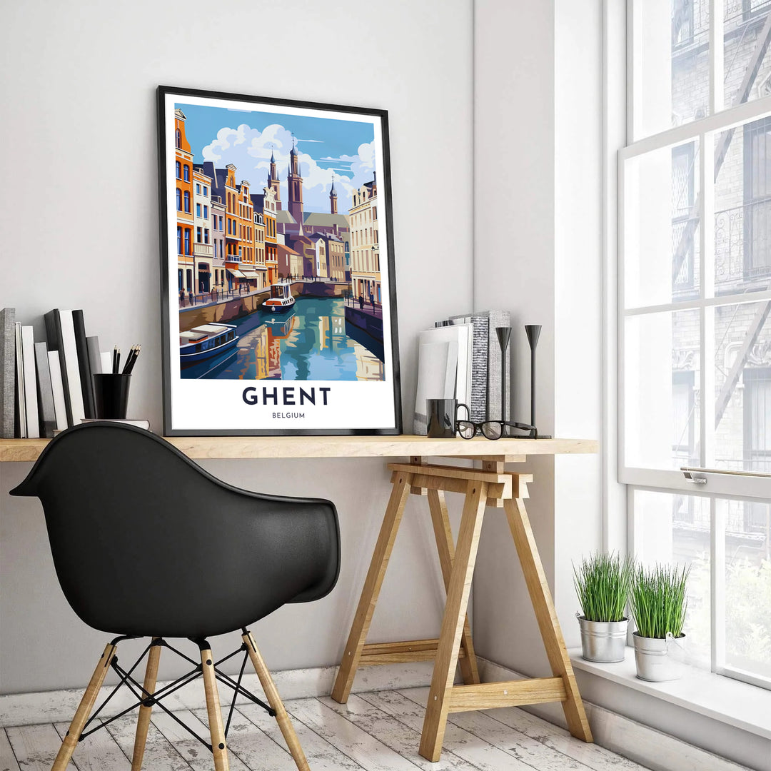 High-resolution art print illustrating the historic towers and reflection on the water in Ghent, Belgium. Customers can choose from several presentation options including unframed fine art paper, custom wood and metal frames, and gallery wrapped canvas wall decor.