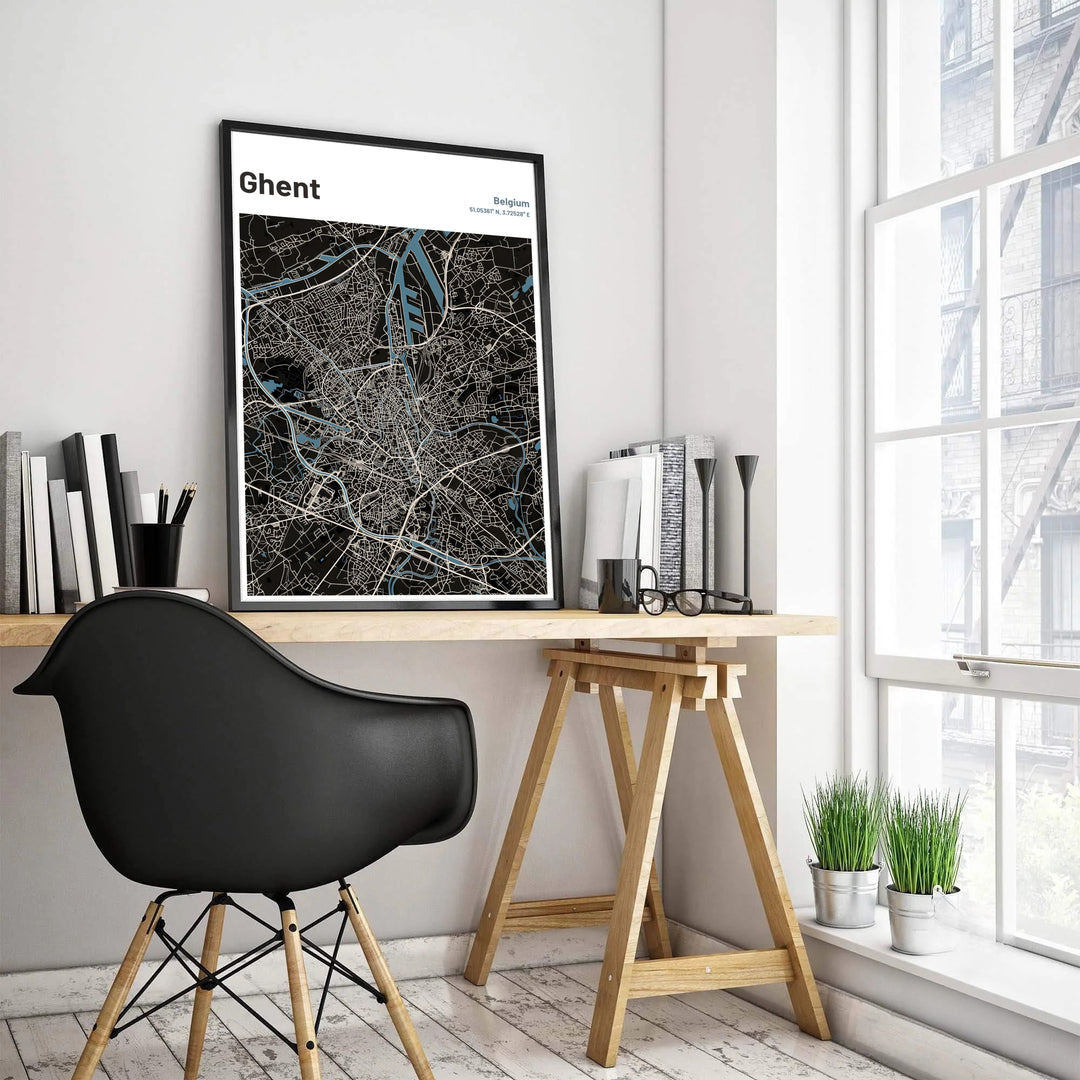 High-resolution cartographic art print showing the street plan and canal grid of Ghent, Belgium. Customers can choose from several presentation options including unframed fine art paper, custom wood and metal frames, and gallery wrapped canvas wall decor.