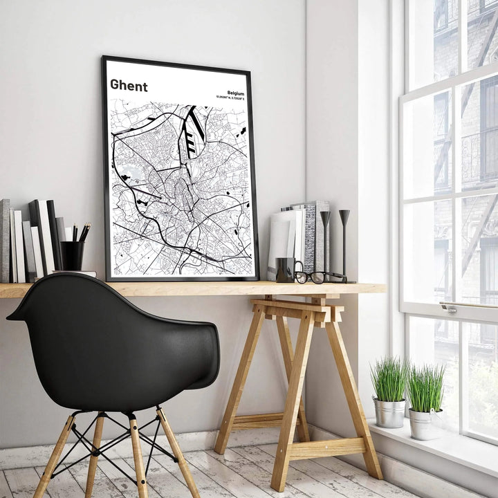 High-resolution cartographic art print showing the street plan and canal grid of Ghent, Belgium. Customers can choose from several presentation options including unframed fine art paper, custom wood and metal frames, and gallery wrapped canvas wall decor.