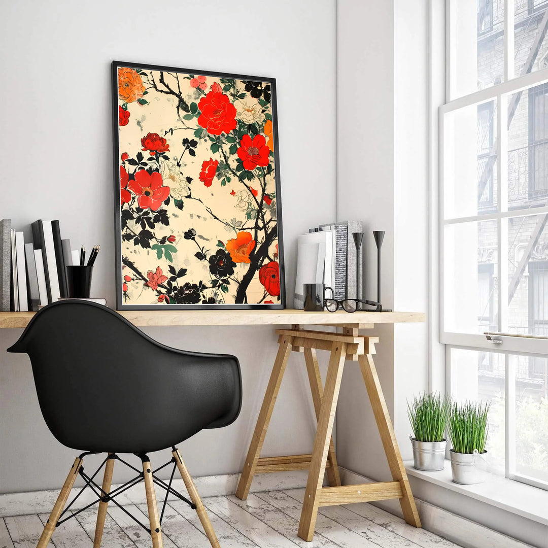 Katsushika Hokusai Japanese floral print by artist Katsushika Hokusai showcasing crimson camellia blossoms from Kyoto museum archives. MapYourDreams features high-quality framed, unframed, and stretched canvas print options.