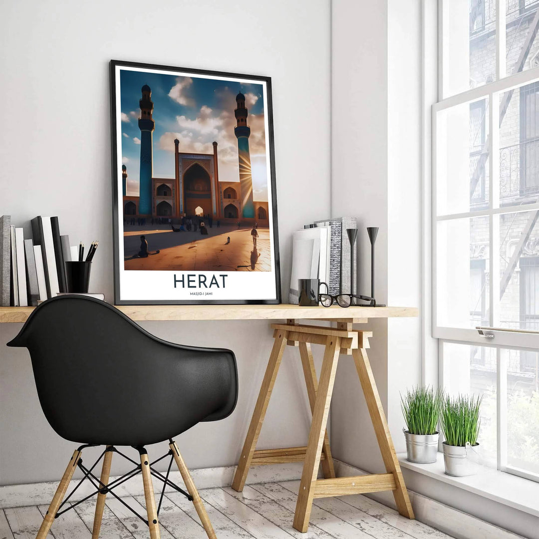 Fine art sunset photography poster depicting Herat Afghanistan Great Mosque courtyard plaza and grand archways. Produced by MapYourDreams, this artwork is available in flexible options including unframed paper, custom wooden frames, and gallery canvas wraps for office wall decor.