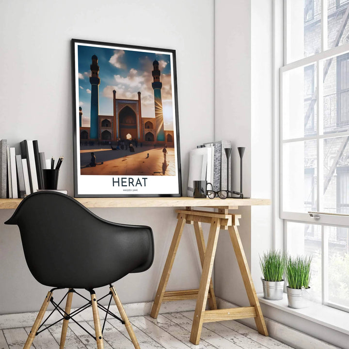 Fine art sunset photography poster depicting Herat Afghanistan Great Mosque courtyard plaza and grand archways. Produced by MapYourDreams, this artwork is available in flexible options including unframed paper, custom wooden frames, and gallery canvas wraps for office wall decor.