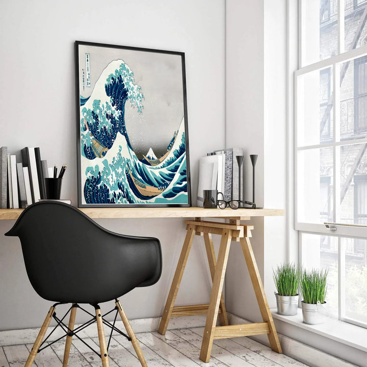 Katsushika Hokusai Japanese wave print by artist Katsushika Hokusai showcasing towering blue ocean water off Kanagawa near Mount Fuji. MapYourDreams features high-quality framed, unframed, and stretched canvas print options.