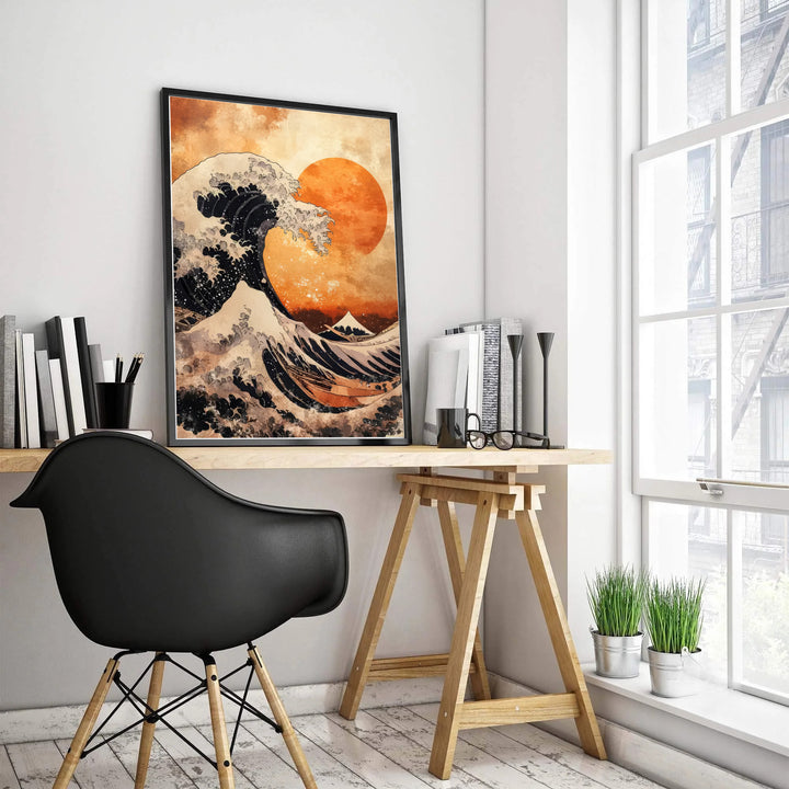 Katsushika Hokusai Japanese sunset wave print by artist Katsushika Hokusai showcasing a large red sun over Kanagawa waters near Mount Fuji. MapYourDreams features high-quality framed, unframed, and stretched canvas print options.